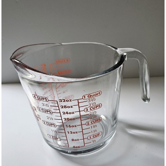 Anchor Hocking Glass Measuring Cup Open Handle 4-Cups 32oz 1-Quart Red Lettering - Picture 2 of 10